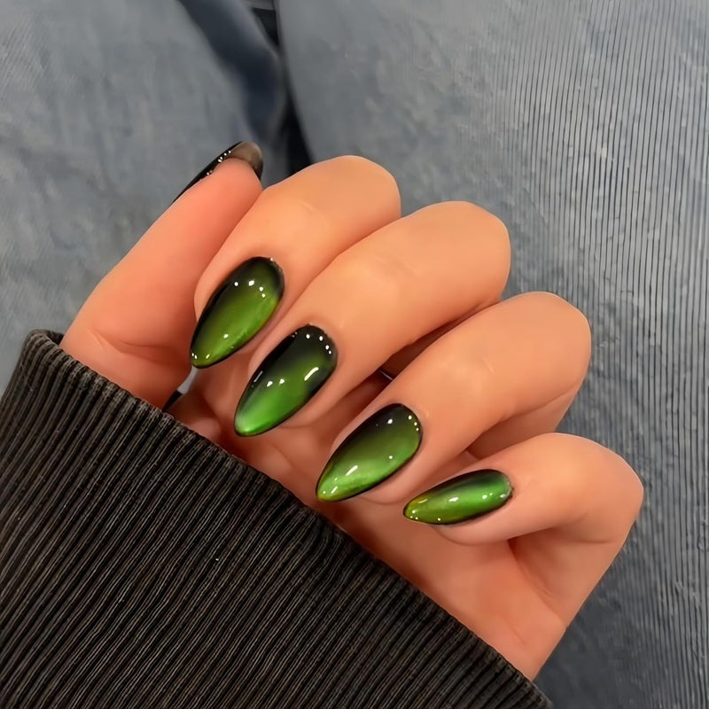 KQueenest Neon Green Cat Eye Press on Nails Almond, 30 Pcs Glitter Fake Nails Medium Stiletto, Bright Vibrant Lime Green Black Nails Press ons, Gothic Shiny Bling Stick on Nails for Women Party Prom - Image 1